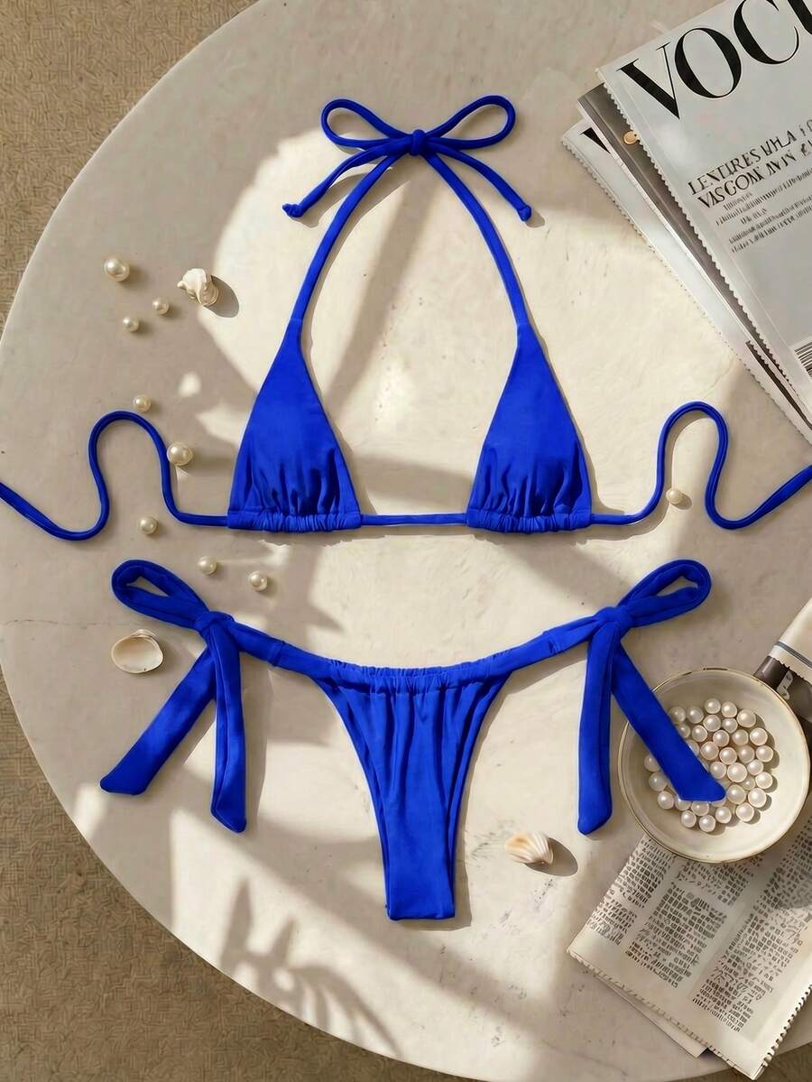 Swim SXY Brad 風格性感迷你罩杯蝴蝶結掛脖比基尼套裝 女款 - 寶藍色 - 查看 1