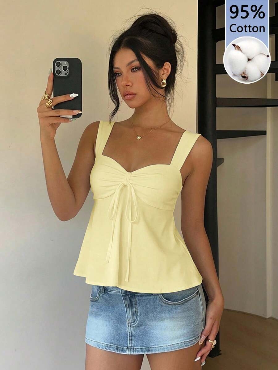 MainGRL 95%棉奶油黃休閒女款背心，適合夏季 - 黃色 - 查看 1