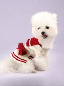 PETSIN 1pc Red And White Striped Knitted Pet Yarn Skirt, Fold Over Collar, Three-Dimensional Knitted Bow, Ruffle Edge Warm Dog Sweater, Suitable For Small Cats And Dogs In Autumn And Winter, Suitable For Daily Walking, Home, Christmas Dressing - burgundy strips - View 6