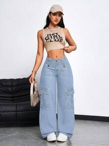 SHEIN PETITE 女款工裝口袋寬腿寬鬆休閒牛仔褲，適合嬌小女性 - 淺色水洗藍 - 查看 6