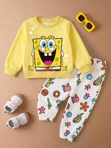 SpongeBob SquarePants | SHEIN GraphicGems 小男孩春秋兩件套，亮黃色可愛卡通印花上衣，創意水下滿版印花收口長褲休閒套裝 - 黃色 - 查看 3