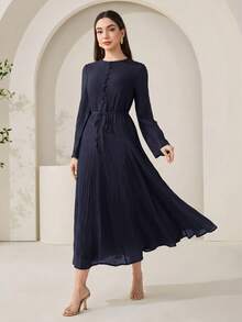 Veilorie New Fabric Ruched Texture Spaghetti Strap Slimming A-Line Flowy Beach Vacation Casual Party Dress - Navy Blue - View 6
