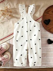 SHEIN Vintaside Kids 1件女嬰休閒可愛粉色愛心吊帶連身褲，適合外出與派對，燈芯絨面料 - 黑與白 - 查看 2