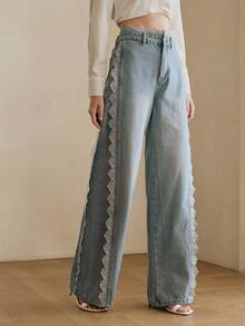 Anewsta Jeans rectos de pierna casual con parches de encaje azul lavado - Azul - Ver 4