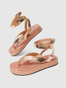 HighSole Spring And Summer New Double Belt Rear Buckle Design Thick Sole Simple Versatile Style  Women's Sandals Daily Commuting Shopping Wear - Champagne - View 6