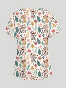 PopScrub Women's Cartoon Cat Pattern Short Sleeve Scrub Top - Multicolor - View 2