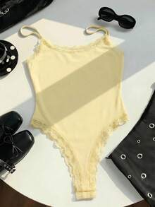 Comfortcana Women's Solid Color Lace Patchwork Elegant Sleeveless Bodysuit For Summer - Mustard Yellow - View 3