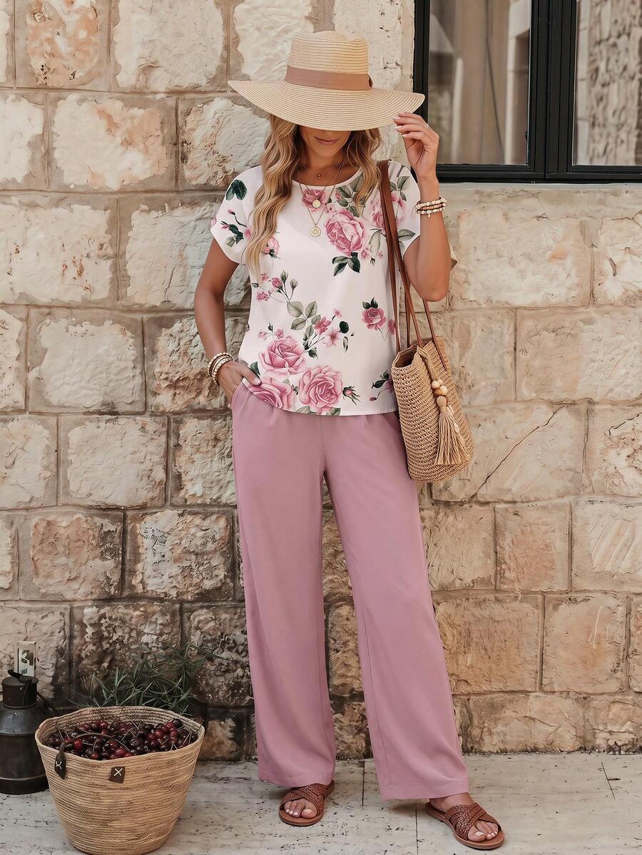 EMERY ROSE 2pcs/Set Women Casual Loose Fit Round Neck Top And Wide Leg Pants, Versatile Outfit For Spring/Autumn Summer - Multicolor - View 1