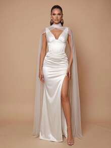 Glamrae White High-Stretch Minimalist Classy Elegant Sexy Bridal Party Wedding Dinner Evening Formal Gown Fishbone Trim Waist-Ruched Fishtail Train - White - View 2
