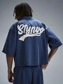STYNVO 男士條紋字母刺繡襯衫與長褲套裝 - 藏蓝色 - 查看 4
