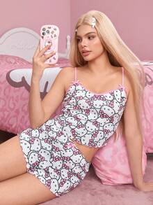HELLO KITTY AND FRIENDS | SHEIN 女款卡通印花細肩帶背心與平口短褲睡衣套裝 - 粉色 - 查看 7