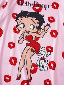 Betty Boop x SHEIN 女士圆领短袖可爱印花舒适夏季睡裙 - 粉色 - 查看 4