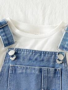Girls' Summer Washed Comfortable Street Outdoor Fashion Campus Style Denim Decor Loose Soft Premium Cotton Fabric Mid-Blue Washed Denim Overall Shorts - Medium Wash - View 5