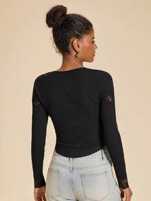 Travachic Women's Lace Patchwork Single-Breasted Slim Fit Versatile Daily Casual Elegant T-Shirt Everyday Date Black Autumn - Black - View 8