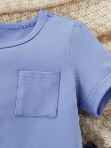 Baby Boy Solid Color Short Sleeve Pocket Top And Plaid Long Pants Loungewear - Blue - View 6