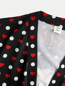 Betty Boop x SHEIN Áo choàng ba phần tư tay lỡ in họa tiết chấm bi và trái tim mùa hè, phong cách giản dị, gợi cảm và dễ thương, có thắt lưng, mùa thu và đông - màu đen - Xem 4