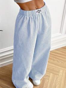 SHEIN EZwear 藍色條紋織物女裝褲 - 藍白色 - 查看 8