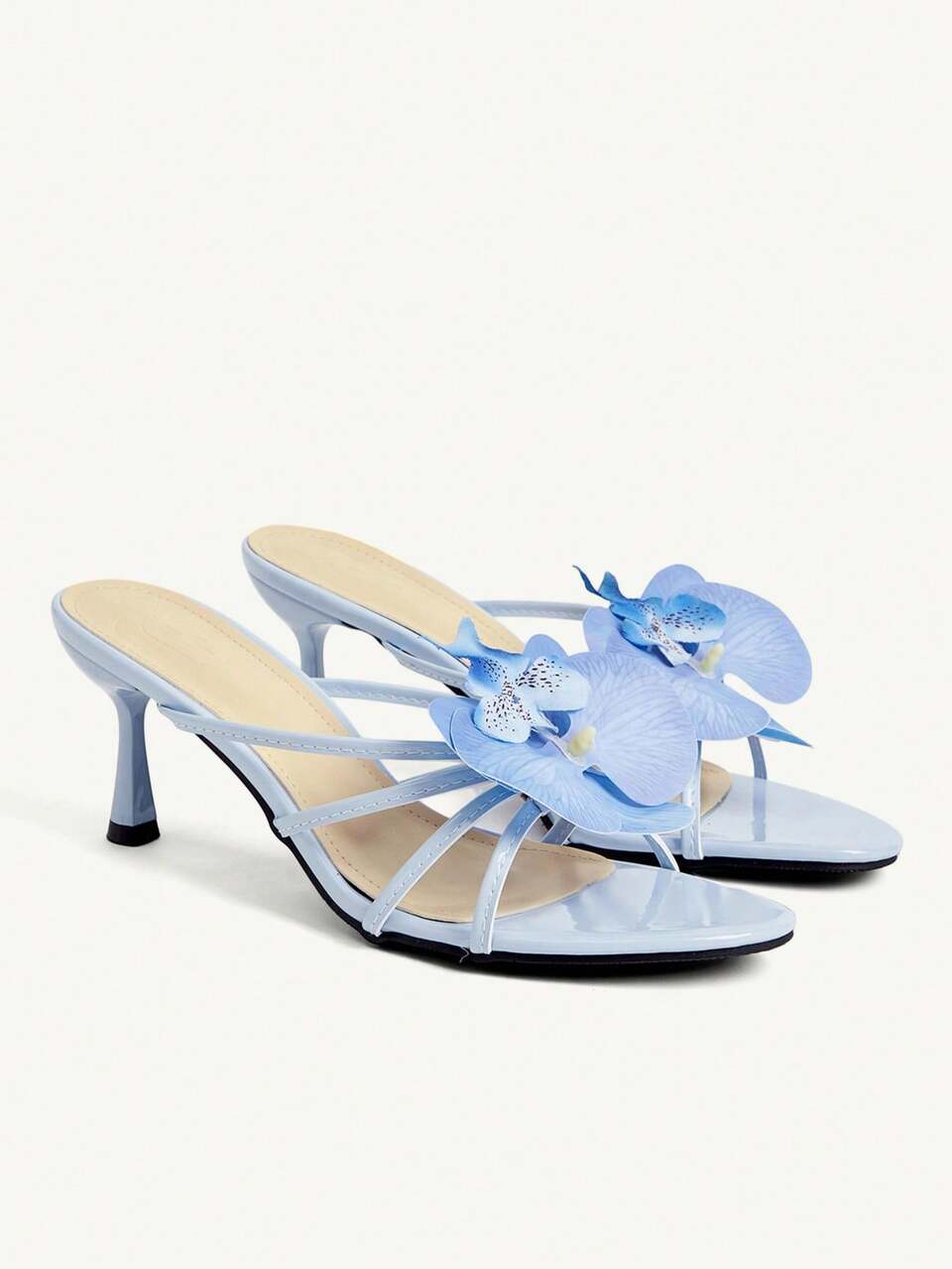 CUCCOO CHICEST Women's Shoes Spring And Summer New Round Toe Blue Patent Leather Gentle Style Elegant Phalaenopsis Decorative Sandals Stiletto With Sandals