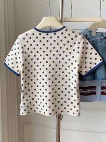Comfortcana Women's Polka Dot Short Sleeve Single-Breasted Thin Cardigan Sweater Pink Dots Trim Design School Summer Cute - Multicolor - View 2