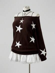 Sunspun Women's Pullover Sweater With Star Pattern, Plus Size, Off-The-Shoulder Neckline Fall - Brown - View 7