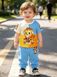 2pcs Baby Boy Casual Cute Cartoon Lion Pattern Patchwork Contrast Color Round Neck T-Shirt And Matching All-Over Animal Print Long Pants Set - Multicolor - View 6