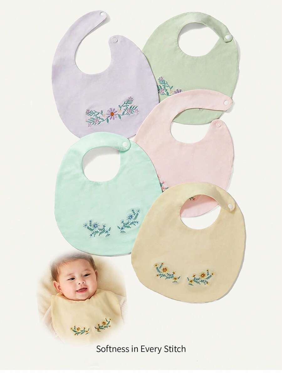SHEIN 5件組新生兒嬰兒刺繡花卉口水巾,男女嬰兒防吐奶巾,嬰兒禮物 - 粉黃 - 查看 1