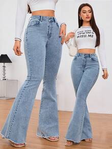 SHEIN Tall Jeans de pierna ancha con bolsillo, cremallera y botón de unicolor, adecuados para uso diario, para mujeres altas - Azul lavado medio - Ver 3