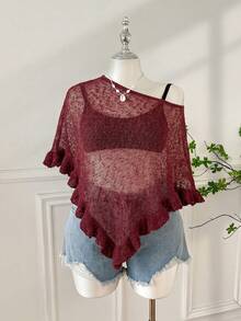 SHEIN EZwear 大码女式绿色荷叶边半透明休闲钩针披肩，适合夏季外出和约会 - 紅色 - 查看 3