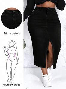 CurvyTilda Plus Size Casual Versatile Asymmetric Pockets Slit Denim Skirt Black - Black - View 4