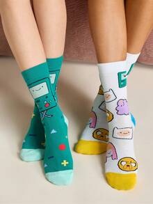 ADVENTURE TIME X SHEIN 2 Pairs/Set, Women's Cartoon Pattern Tube Socks, Gift Package - color mixing - View 9