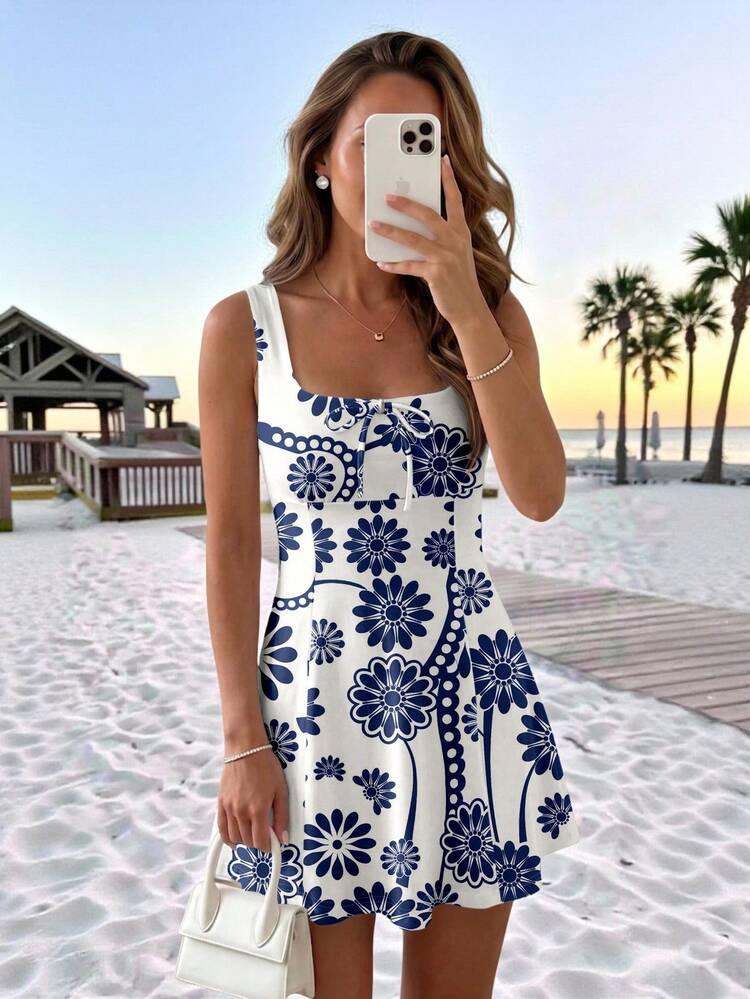 EMERY ROSE Women's Floral Print Casual Cute Party Vacation Travel Mini Dress Navy Blue And White Summer - Multicolor - View 3