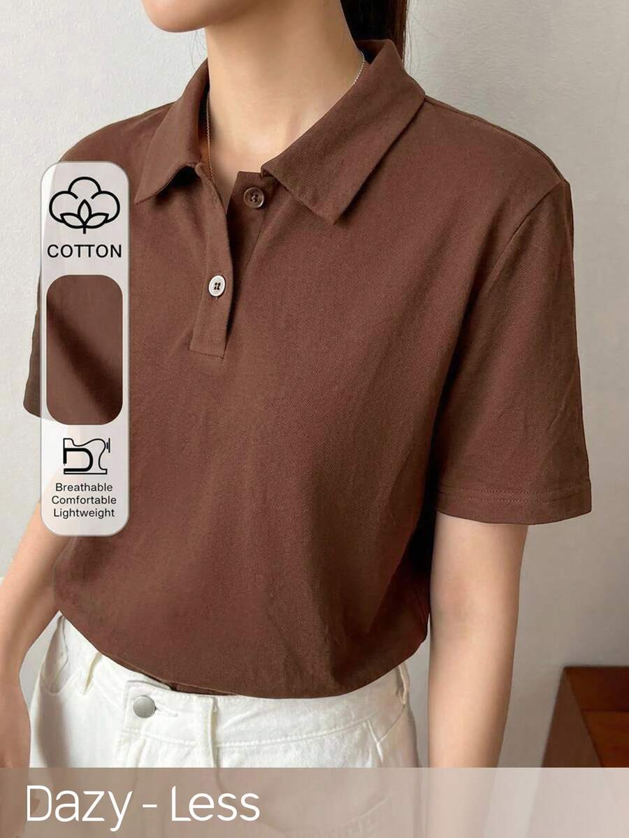 Dazy-Less Women's Loose Casual Polo Collar Short Sleeve Button-Up Coffee Brown Solid Color 100% Cotton T-Shirt - Coffee Brown - View 1