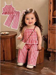 SHEIN Vintaside Kids Infant (Girl) Casual Daily Fashion Camisole Tank Top With Floral Embroidery, Delicate Soft Solid Color Pants Set, Summer Baby Outing Cute Sunny Outfit - Red - View 1