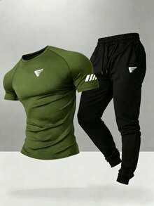 Gym Rark Conjunto deportivo de camiseta de manga corta con estampado geométrico y pantalones para hombre - Verde militar - Ver 1
