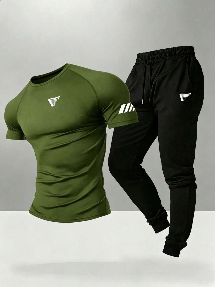 Gym Rark Men's Geometric Print Raglan Short Sleeve T-Shirt And Pants Sports Set - Army Green - View 1