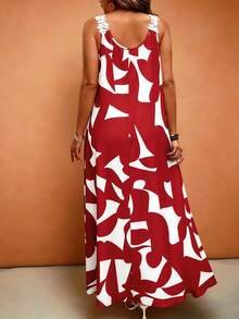 Breezaya Plus Size Women's Geometric Print Elegant Sleeveless Vacation Dress - Red - View 2