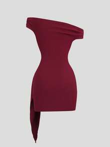 Sweetra Chocolate Bodycon Dress With Off-Shoulder Off-The-Shoulder Neckline, Metal Buckle Decor, Pleated Tie Detail, Sexy Glamorous Vintage Simple Style For Business, Shopping, Dating, Birthday Party, Social Gathering, Commuting, Spring Summer Early Autumn - Burgundy - View 2