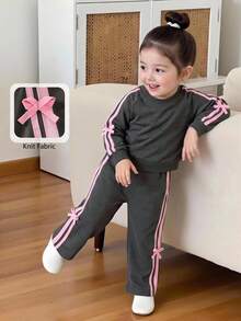 Elladie kids Setelan 2 Potong untuk Anak Perempuan Musim Semi/Gugur: Lengan Panjang dan Celana Panjang, Motif Pita Olahraga, dan Rajutan. - Dark Grey - View 3