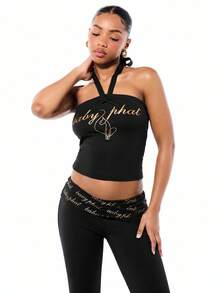 BABYPHAT Tie Neck Halter Crop Top With Gold Logo Print, Sleeveless Jersey Bandeau Style - Black - View 1