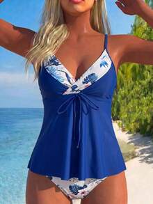 SHEIN Swim 春夏陽光沙灘分體式比基尼兩件套，細肩帶上衣搭配三角泳褲 - 彩色 - 查看 3