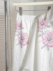 SHEIN 青少年女孩花卉刺繡襯衫與寬腿褲兩件套，旅行日常穿搭 - 白色 - 查看 5