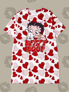 Betty Boop x SHEIN 女士圆领卡通字母印花休闲睡袍，适合日常穿着 - 紅白色 - 查看 1