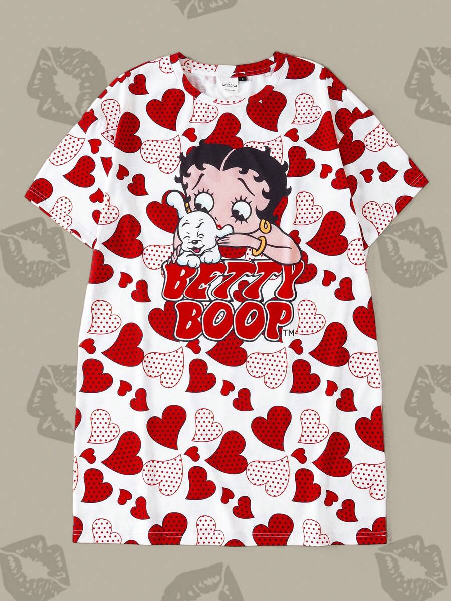 Betty Boop x SHEIN 女士圆领卡通字母印花休闲睡袍,适合日常穿着 - 紅白色 - 查看 1