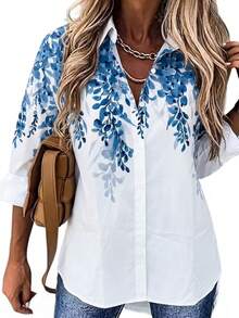 EMERY ROSE Plus Size Women's Floral Print Long Sleeve Casual Shirt Fall - Blue - View 1