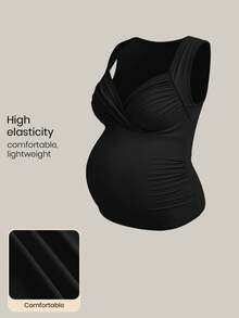 SHEIN 孕婦純色百褶休閒百搭日常穿著上衣 - 黑色 - 查看 3