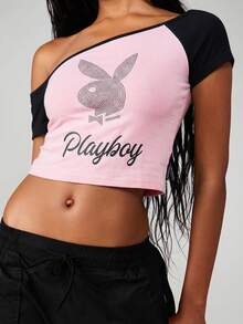 Missguided x Playboy 不对称露肩水钻图案T恤 单袖短款上衣 Y2K风格街头服饰 - 粉色 - 查看 1