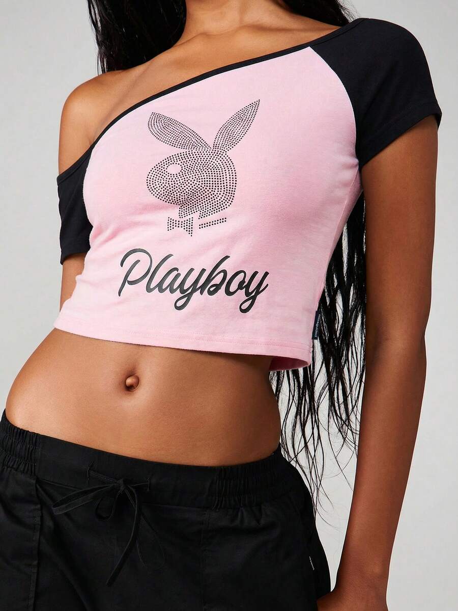 Missguided x Playboy 不对称露肩水钻图案T恤 单袖短款上衣 Y2K风格街头服饰 - 粉色 - 查看 1