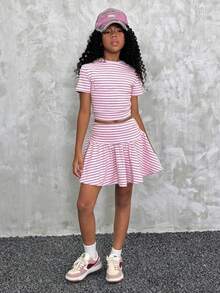 Camiseta de cuello alto fruncido y ajuste ceñido & Falda con volantes en el bajo para niña preadolescente,Vuelta al colegio,Y2K,Streetwear - Rosa - Ver 2