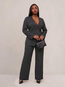 SHEIN SXY Plus Size Women's Striped Side-Tie Waist Jacket And Pants Suit Set - Black - View 3