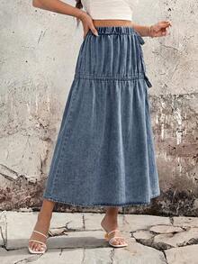 SHEIN Essnce Women's Elastic Waist Side Knot Casual Denim Skirt - Blue - View 6